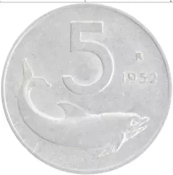 Монета 5 лир Италии 1952 года Алюминий