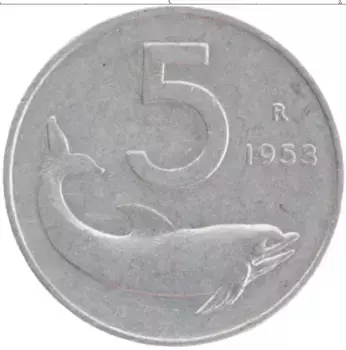 Монета 5 лир Италии 1953 года Алюминий