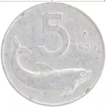 Монета 5 лир Италии 1953 года Алюминий