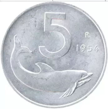 Монета 5 лир Италии 1954 года Алюминий Дельфин