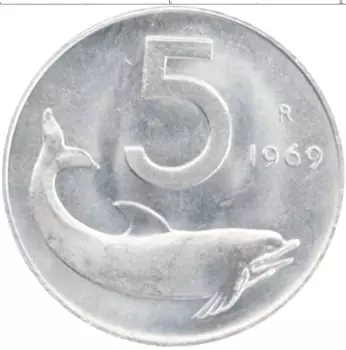 Монета 5 лир Италии 1969 года Алюминий