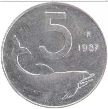 Монета 5 лир Италии 1987 года Алюминий