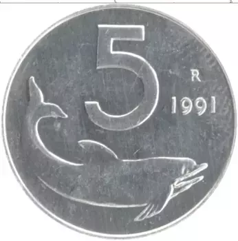 Монета 5 лир Италии 1991 года Алюминий