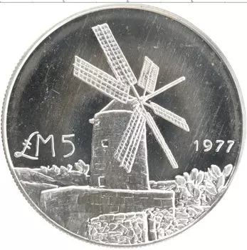 Монета 5 лир Мальты 1977 года Серебро Мельница