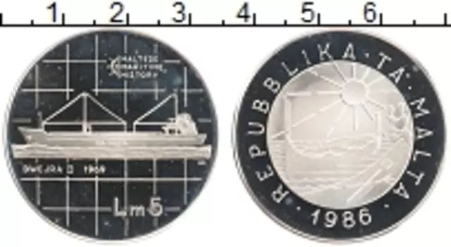 Монета 5 лир Мальты 1986 года Серебро Морская история - DWEJRA II, 1969