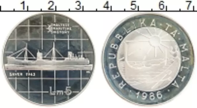 Монета 5 лир Мальты 1986 года Серебро Морская история - Sawer, 1943
