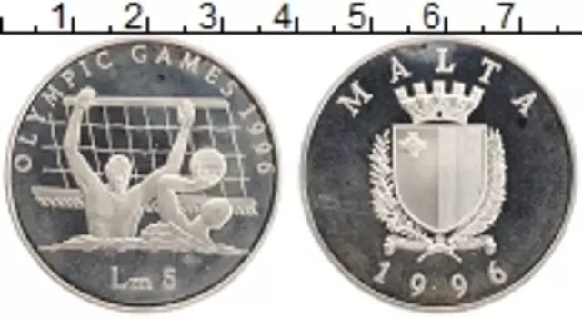 Монета 5 лир Мальты 1996 года Серебро Олимпийские игры в Атланте