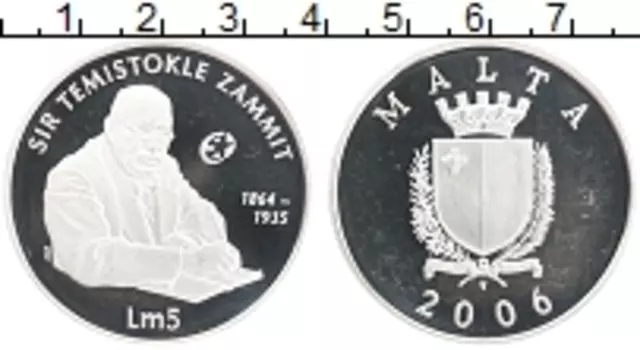 Монета 5 лир Мальты 2006 года Серебро Теми Заммит