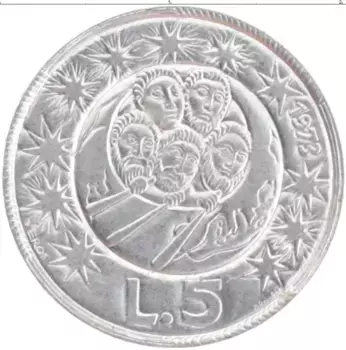 Монета 5 лир Сан-Марино 1973 года Алюминий