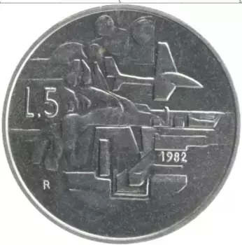 Монета 5 лир Сан-Марино 1982 года Алюминий Социальные завоевания