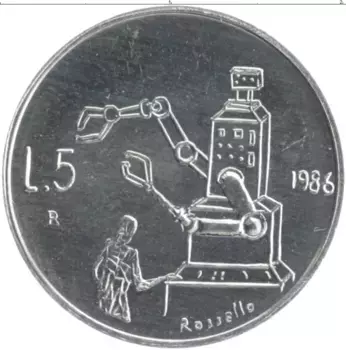 Монета 5 лир Сан-Марино 1986 года Алюминий Технологическая революция