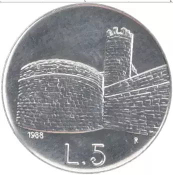 Монета 5 лир Сан-Марино 1988 года Алюминий Крепость