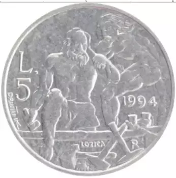 Монета 5 лир Сан-Марино 1994 года Алюминий