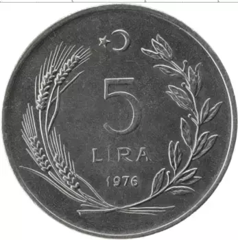 Монета 5 лир Турции 1976 года Сталь