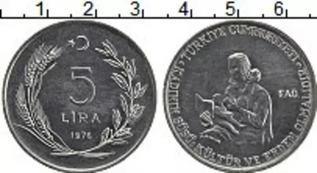 Монета 5 лир Турции 1976 года Сталь ФАО