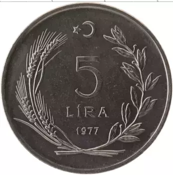 Монета 5 лир Турции 1977 года Сталь ФАО