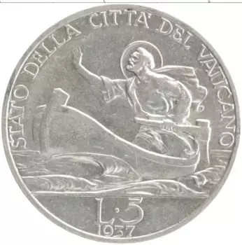 Монета 5 лир Ватикана 1937 года Серебро Пий XI