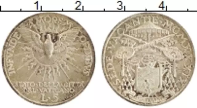 Монета 5 лир Ватикана 1939 года Серебро Престол вакантен