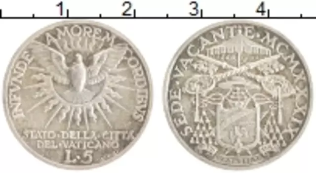 Монета 5 лир Ватикана 1939 года Серебро Престол вакантен