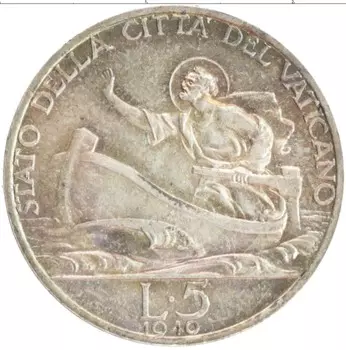 Монета 5 лир Ватикана 1940 года Серебро Пий XII