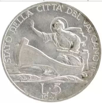 Монета 5 лир Ватикана 1941 года Серебро Пий XII