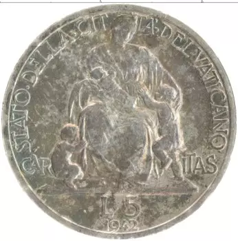 Монета 5 лир Ватикана 1942 года Серебро Пий XII