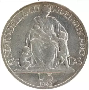 Монета 5 лир Ватикана 1942 года Серебро Пий XII