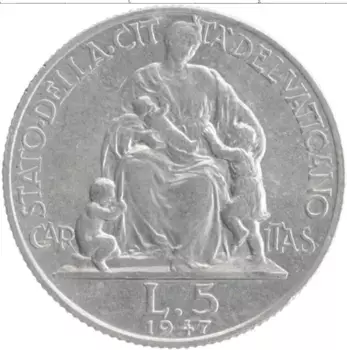 Монета 5 лир Ватикана 1947 года Алюминий Пий XII