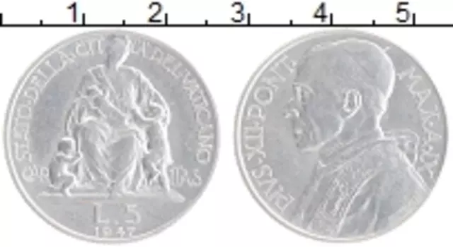 Монета 5 лир Ватикана 1947 года Алюминий Пий XII