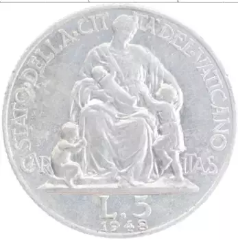 Монета 5 лир Ватикана 1948 года Алюминий Пий XII