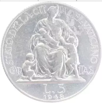 Монета 5 лир Ватикана 1948 года Алюминий Пий XII