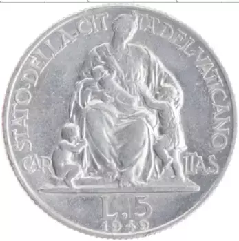 Монета 5 лир Ватикана 1949 года Алюминий Пий XII