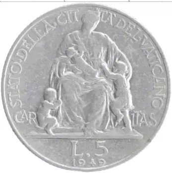 Монета 5 лир Ватикана 1949 года Алюминий Пий XII