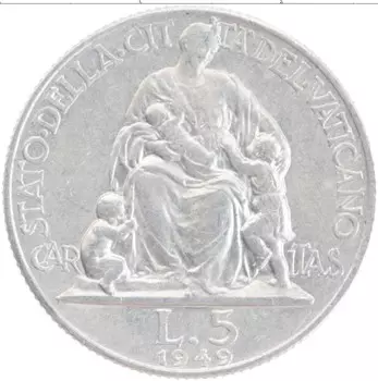Монета 5 лир Ватикана 1949 года Алюминий Папа Пий XI