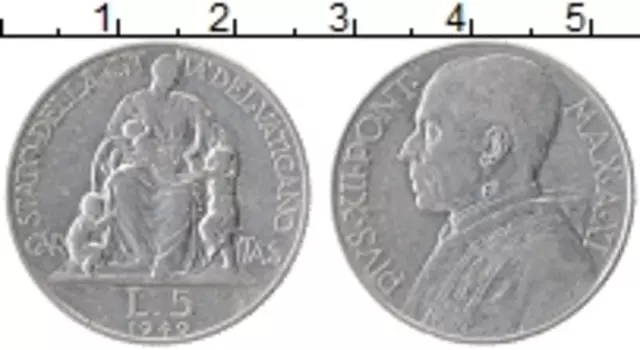 Монета 5 лир Ватикана 1949 года Алюминий Пий XII