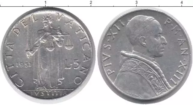 Монета 5 лир Ватикана 1951 года Алюминий Понтифик Пий XII