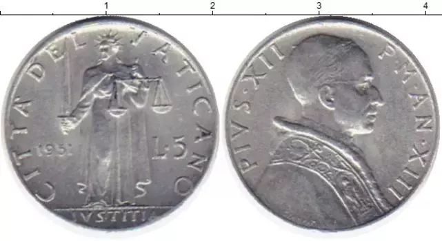 Монета 5 лир Ватикана 1951 года Алюминий Пий XII