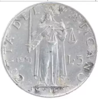 Монета 5 лир Ватикана 1951 года Алюминий Пий XII