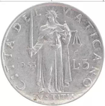 Монета 5 лир Ватикана 1953 года Алюминий Пий XII