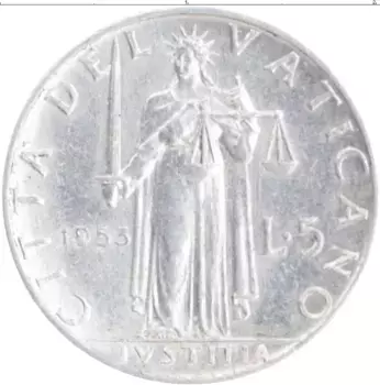 Монета 5 лир Ватикана 1953 года Алюминий Пий XII