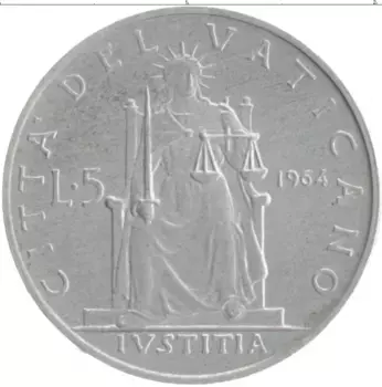 Монета 5 лир Ватикана 1964 года Алюминий Павел VI