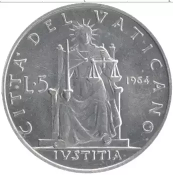 Монета 5 лир Ватикана 1964 года Алюминий Павел VI