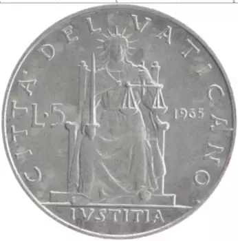 Монета 5 лир Ватикана 1965 года Алюминий Павел VI