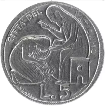 Монета 5 лир Ватикана 1975 года Алюминий Павел VI