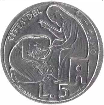 Монета 5 лир Ватикана 1975 года Алюминий Павел VI