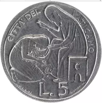 Монета 5 лир Ватикана 1975 года Алюминий Павел VI