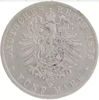 Монета 5 марок Бадена 1875 года Серебро F