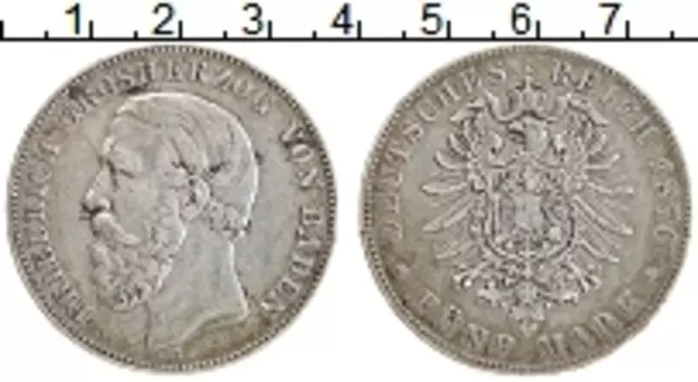 Монета 5 марок Бадена 1876 года Серебро А Фридрих