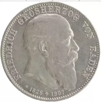 Монета 5 марок Бадена 1907 года Серебро Смерть Фридриха I