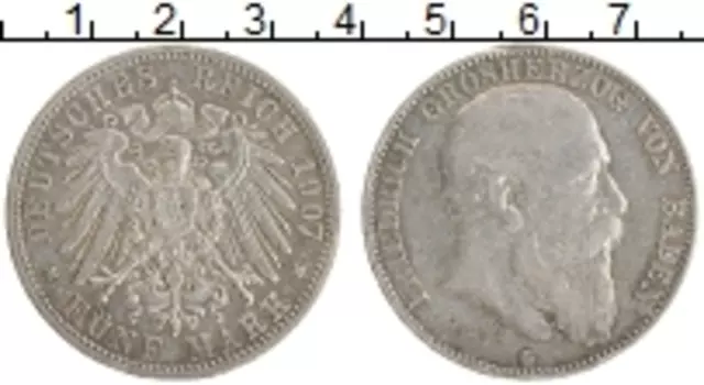 Монета 5 марок Бадена 1907 года Серебро G